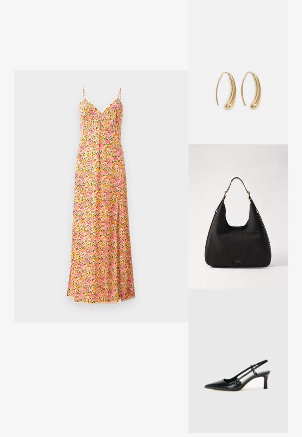 Lillelille lille lillest verspreidi kleid, millel on õhukesed rihmad ja mis on kaunistatud roosa, oranži ja rohelise mustriga. Kerge kangas voolava disainiga ja V-kaelusega.; Mustmust paelad, millel on terav varvas, tekstuuriga maduprindiga, reguleeritav rihm ja lühike tekstuuriga plokknina.; MICHAEL Michael Kors NOLITA HOBO  - Käekott - black; Kuldtoonilised metallist rõngas kõrvarõngad, millel on kõver ja piklik kuju. Omavad siledat, läikivat pinda ja ümarat tipptugevdust, mis lisab detaili.