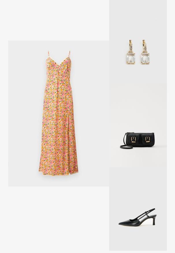 Robe maxi florale à fines bretelles, présentant un motif rose, orange et vert. Tissu léger avec un design fluide et un décolleté en V.; Escarpin slingback en vernis noir avec un bout pointu, présentant un imprimé serpent texturé, une sangle réglable et un petit talon bloc texturé.; Sac en cuir noir porté en travers avec deux poches avant, boucles dorées, fermeture zippée et une sangle fine. Surface texturée et forme rectangulaire compacte.; Boucles d'oreilles en or lumineux avec un cristal rectangulaire transparent pendent sous une rangée de petits accents ronds transparents. Design élégant et moderne.