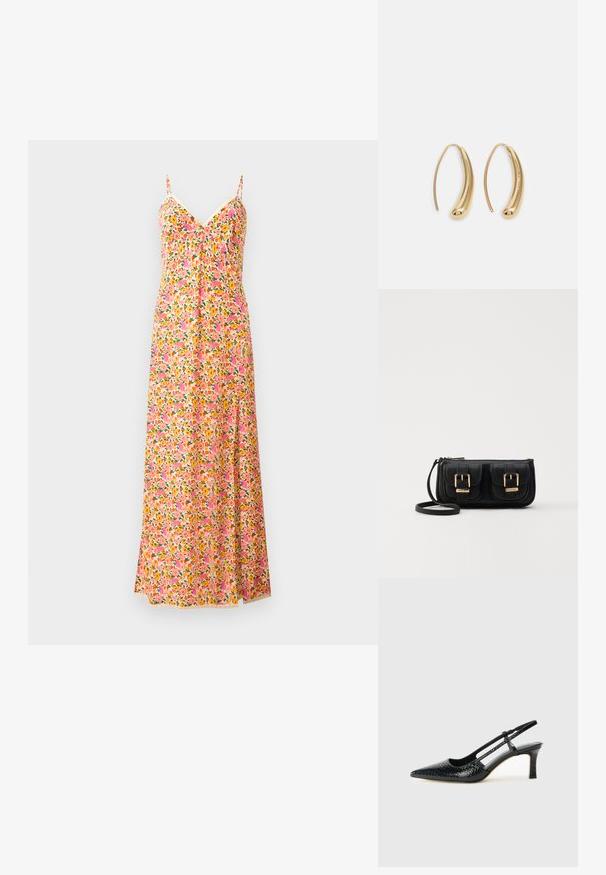 Robe maxi florale à fines bretelles, présentant un motif rose, orange et vert. Tissu léger avec un design fluide et un décolleté en V.; Escarpin slingback en vernis noir avec un bout pointu, présentant un imprimé serpent texturé, une sangle réglable et un petit talon bloc texturé.; Sac en cuir noir porté en travers avec deux poches avant, boucles dorées, fermeture zippée et une sangle fine. Surface texturée et forme rectangulaire compacte.; Boucles d'oreilles en métal doré en forme d'anneau, avec une forme courbée et allongée. Elles présentent une surface lisse et brillante avec une pointe arrondie pour un détail supplémentaire.