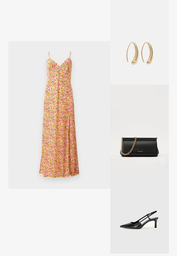 Gėlėtas ilgis su plonomis petnešėlėmis, su rožine, oranžine ir žaliai raštu. Lengvas audinys su plazdančiu dizainu ir V formos iškirpte.; Juodai lakuoti slingback aukštakulniai su smailiu nosiu, su tekstūruotu gyvatės raštu, reguliuojama juosta ir trumpu, tekstūruotu blokiniu kulnu.; Juodas odinis delninukas su auksine grandine, turintis lygų paviršių, stačiakampį išmatavimą ir įspaustą prekės ženklą priekyje.; Auksinės metalinės auskarų kabės su lenktą, pailgą forma. Turi lygų, blizgantį paviršių ir užapvalintą galiuką papildomam akcentui.