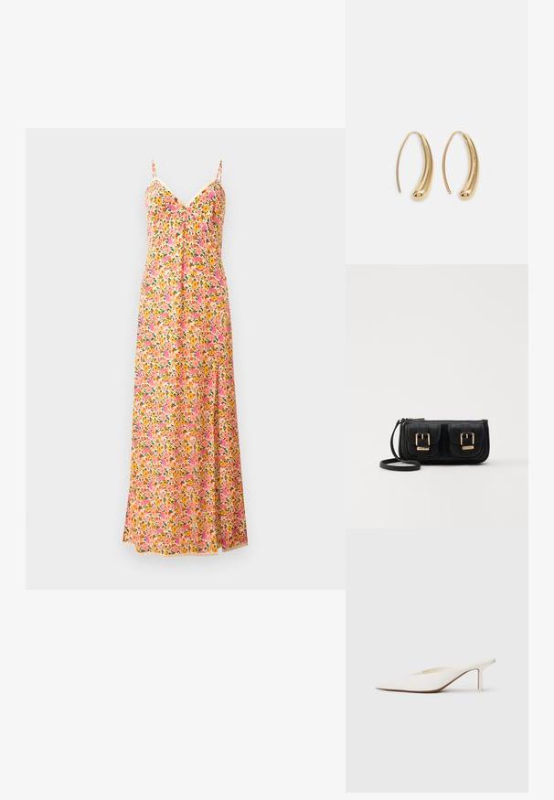 Robe maxi florale à fines bretelles, présentant un motif rose, orange et vert. Tissu léger avec un design fluide et un décolleté en V.; Mule blanc à bout pointu avec un talon stiletto bas. Fabriqué en matériau lisse avec un design minimaliste et un subtil détail de semelle beige.; Sac en cuir noir porté en travers avec deux poches avant, boucles dorées, fermeture zippée et une sangle fine. Surface texturée et forme rectangulaire compacte.; Boucles d'oreilles en métal doré en forme d'anneau, avec une forme courbée et allongée. Elles présentent une surface lisse et brillante avec une pointe arrondie pour un détail supplémentaire.