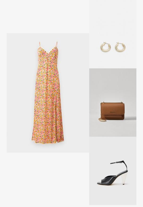 Kukkakuosisessa maksimekossa on ohuet olkaimet ja siinä on vaaleanpunaisia, oransseja ja vihreitä kuvioita. Kevyt kangas, joka valuu kauniisti, ja V-pääntie.; Mustat nahkaiset korkokengät avonaisella varpaalla, epäsymmetrinen muotoilu, nilkkaremmi ja metallinen kartiomallinen korko. Tasainen pinta kauttaaltaan.; Ruskean teksturoidun nahkasta valmistettu crossbody-laukku, jossa on kultaketjuhihna ja läppäkiinnitys. Edessä on logodetail ja tasku läppäisen alla.; Lauren Ralph Lauren BASIC SMALL HOOP - Korvakorut - gold-coloured