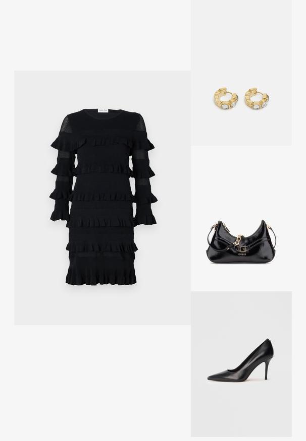 Černé šaty s vrstvami volánků, dlouhými rukávy s síťovými akcenty a jemně vlněnou texturou. Kulatý výstřih, střední délka.; Černá kožená lodička na vysokém podpatku s špičatou špičkou, hladkou strukturou a elegantním designem. Má štíhlý, zvýšený podpatek a nízký výstřih vpředu.; Lístkový kabelka z černého lakovaného kůže s klenutým designem, zlatými kovovými doplňky a výrazným logem. Obsahuje odnímatelný popruh na rameno.; Zlaté kruhové náušnice s texturovaným designem a třemi jasnými krystalovými akcenty na jedné straně, které nabízejí moderní geometrickou estetiku.