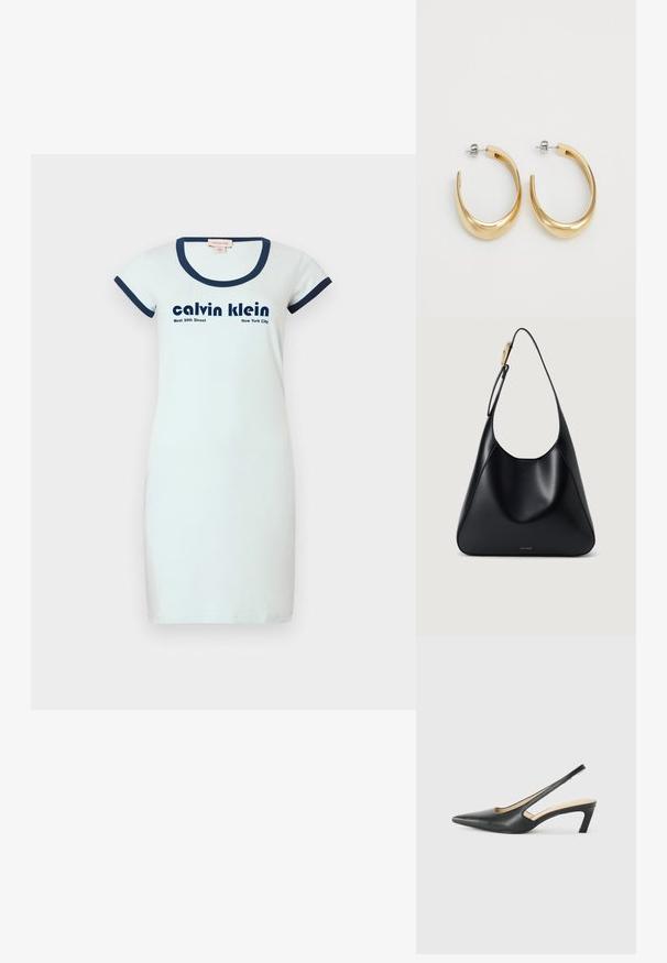 Bijela pamučna haljina s prilagođenim dizajnom, zaobljenim mornarsko plavim rebrastim izrezom i kratkim rukavima. Sadrži crni natpis: "calvin klein" i "West 39th Street New York City."; Crne cipele s izduženim vrhom i remenom oko pete, s niskom petom, izrađene od glatke kože i s izrezbarenom stranom radi prozračnosti.; Crna kožna torba za rame s glatkom teksturom, zakrivljenim siluetom i zlatnim detaljima. Ima utisnutu oznaku branda na dnu.; Zlatne okrugle naušnice s glatkim, zakrivljenim dizajnom. Izrađene od metala, s elegantnom završnom obradom i zatvaranjem na iglu.