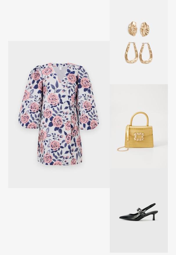 Ziedu kleita ar gaiši pelēku fonu, rozā rozēm, tumši zilām lapām un trīs ceturtdaļas puff piedurknēm. Savienojas josta ap vidu.; Melnas lakotas ādas sūkņa kurpes ar norādītu purngali un mazu bloku papēdi, ar sudraba sprādzi akcentā uz jostas.; Dzeltena mākslīgā krokodila roku soma ar strukturētu dizainu, augšējo rokturi, noņemamu ķēdes siksniņu un dekoratīvām kristāla rotājumiem aizdares daļā.; Zelta krāsas auskari ar teksturētām, viļņotām formām. Iekļauts skulpturāls piespraužams modelis un atvērta gredzenveida konstrukcija ar izsistām virsmām.