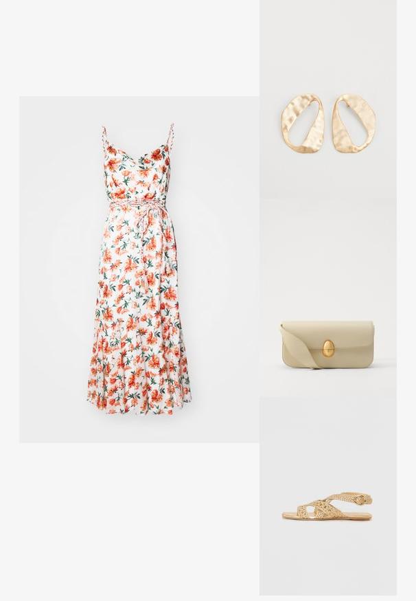 Alice + Olivia LISSA COWL GODET MIDI DRESS - Vestito casual - off white; Stuart Weitzman THEA - Sandali - golden; Borsa a tracolla in pelle beige con una superficie liscia, forma rettangolare e una chiusura ovale dorata. Dotata di una lunga tracolla regolabile.; Un paio di orecchini in metallo di tonalità dorata, di forma ovale irregolare, con superficie texturizzata e leggermente martellata, su uno sfondo bianco.