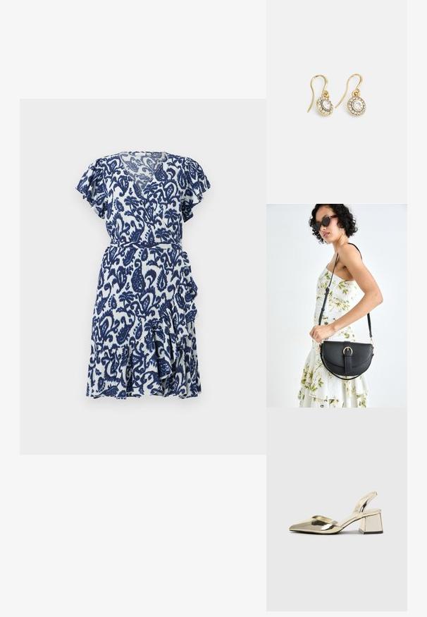 Īsā zila un balta apgrieztā kleita ar plīvurojošām piedurknēm, ar paisley rakstu, viļņotām malām un jostu viduklī. Viegls audums.; Zeltaini, metāla kurpes ar siksniņām, norakans purngalis un masīla papēdis. Gluda tekstūra, minimālisma dizains un šaura siksna.; Melnas ādas rokassoma ar izliekta formu, noņemamu siksnu un zelta aksesuāriem. Somai ir vāciņš ar sprādzes detaļu.; Zelta tonī veidotas auskaru piekariņi ar ovālu izgriezumu caurspīdīgām kristālēm, kuras ieskauj mazākas caurspīdīgas akmeņu daļiņas, ar āķveida dizainu drošai valkāšanai.