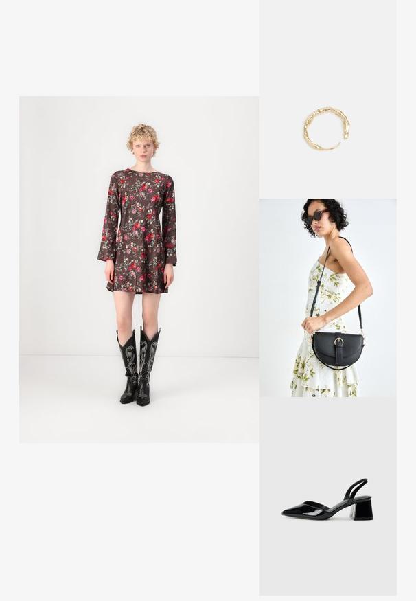 Lille pruun lillemustriga kleit pikkade varrukatega, millele on lisatud mustad kovboi saapad, millel on hõbedane tikand ja teravad varbad.; Mustad musta lakknahk kingad, millel on terav varvas ja geomeetriline plokkkonts. Omab elegantselt minimalistlikku disaini ja sujuvat tekstuuri.; Mustmust mustraha kõverate joontega, eemaldatava rihmaga ja kuldsete detailidega. Kotil on klapp, millel on pandladetail.; Kuldtoonis sõrmus, millel on orgaaniline, keerdunud disain sileda tekstuuri ja kitsenevate otstega, luues kaasaegse skulptuurilise välimuse.