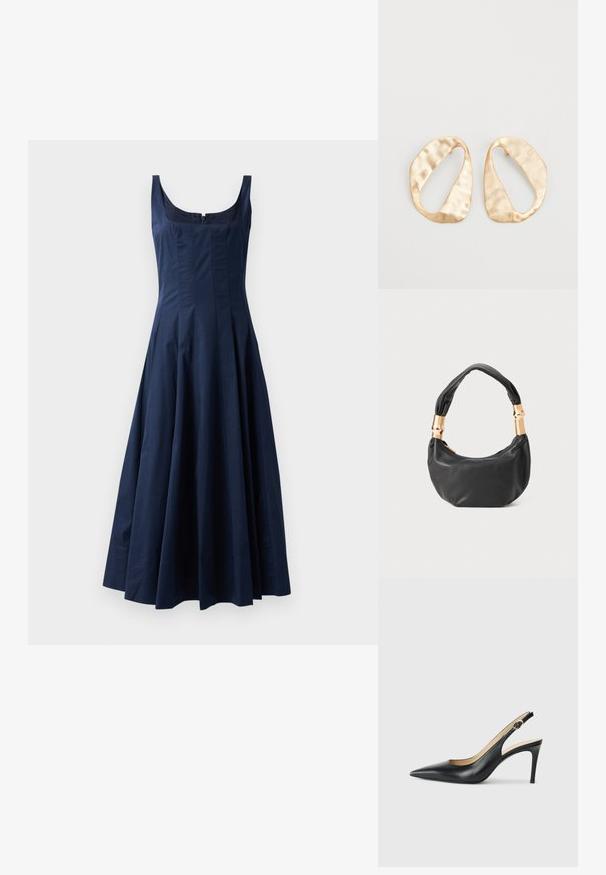 Haljina midi dužine bez rukava, tamnoplave boje, s kvadratnim izrezom, tijesnim korzetom, lepršavom suknjom i prednjim zatvaračem.; Crne kožne slingback visoke potpetice s šiljastim nosom, podesivim trakama i elegantnim stiletto potpeticama, s glatkom završnom obradom.; Crna kožna torba s okruglim oblikom, mekim teksturom i čvorastom ručkom s zlatnim metalnim detaljima. Zatvaranje na patentni zatvarač.; Par zlatnih metalnih naušnica nepravilnog ovalnog oblika s teksturiranom, blago kovanom površinom na bijeloj pozadini.