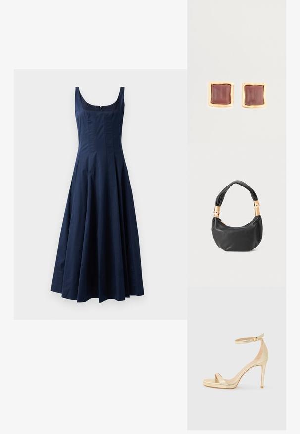 Rochie midi fără mâneci, de culoare albastru închis, cu decolteu pătrat, corset ajustat, fustă evazată și închidere cu fermoar în față.; Sandalie aurii metalice cu toc înalt, cu vârf deschis, curea la gleznă cu cataramă și talpă platformă pentru un plus de înălțime. Textură netedă.; Geantă de mână din piele neagră, cu o formă rotundă, textură moale și un mâner legat, având accente din metal auriu. Închidere cu fermoar.; Cercei pătrați cu un centru de un burgund profund, înconjurat de un cadru texturat de culoare aurie. Suprafață netedă cu margini rotunjite.