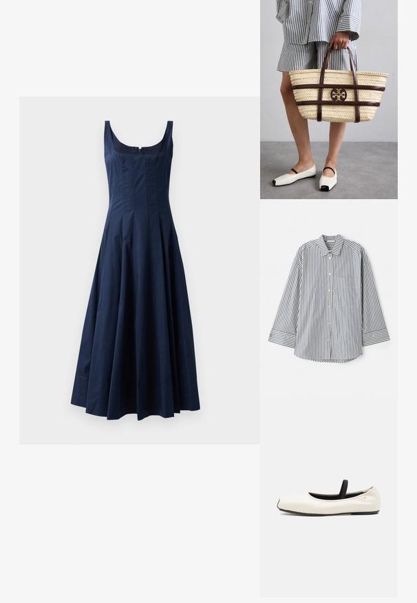 Kleita bez piedurēm tumši zilā krāsā ar kvadrātveida izgriezumu, pieguļoša korpusa daļa, izpletusie svārki un priekšējais rāvējslēdzis.; Zilā un baltā svītraina krekla ar pogām. Tam ir klasiskā apkakle, garas piedurknes, krūšu kabata un pogāmas aproces.; Līdzenas balletkurpes baltā ādas krāsā ar noapaļotu purngala daļu, melnu elastīgu siksniņu un mazu zelta emblēmu pie papēža. Mīksta tekstūra un minimālisma dizains.; Austa salmu somiņa ar brūniem ādas akcentiem un rokturiem. Iekļauj izgriezumu ar logotipu un kontrastējošām horizontālajām joslām.