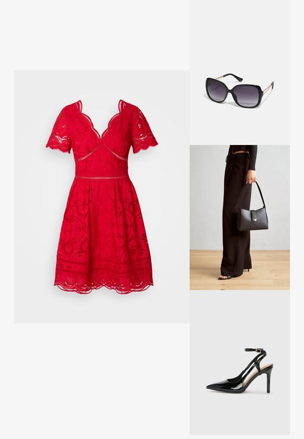 Piros csipkebolt ruházat rövid, fodros ujjakkal, V-kivágással, testhez álló derékkal és fodros szoknyával, amely bonyolult virágmintával díszített. Fodros szegély.; Fekete lakkbőr magassarkú, slingback cipő, hegyes orral, állítható bokapánttal és nyitott oldalakkal. Simító felület.; Fekete, oversize napszemüveg fokozatos árnyalatú lencsékkel, vastag kerettel és arany színű lánc díszítéssel a szárakon.; Fekete kézi táska strukturált formával, sima textúrával és fémből készült záródással. Széles fekete nadrággal és nyitott orrú szandállal párosítva, fából készült padlón.