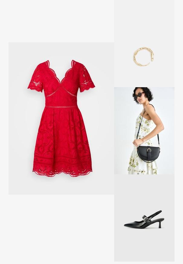 Raudona nėriniuota suknelė su trumpomis skalpuotomis rankovėmis, V formos iškirpte, prigludusia juosmeniu ir platėjančia sijona, puoštu sudėtingu gėlių raštu. Skalpuotas apvadas.; Juodai lakuoti slingback aukštakulniai su smailiu kojų pirštu ir mažais blokiniais kulniukais, su sidabro sagtimi ant dirželio.; Juodas odinis krepšys su išlenkta forma, nuimamu dirželiu ir auksiniais detalėmis. Krepšys turi kilpą su sagtimi.; Auksinės spalvos žiedas, turintis organišką, sukimosi dizainą su lygiu paviršiumi ir siaurėjančiais galais, sukuriantis modernią skulptūrinę išvaizdą.