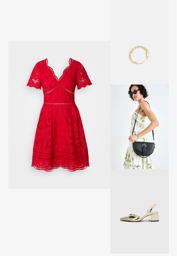 Sarkans mežģīņu kleita ar īsām viļņotām piedurknēm, V formas kakla izgriezumu, pieguļošu jostasvietu un izplestu svārku ar sarežģītu ziedu rakstu. Viļņota apakšmalu.; Zeltaini, metāla kurpes ar siksniņām, norakans purngalis un masīla papēdis. Gluda tekstūra, minimālisma dizains un šaura siksna.; Melnas ādas rokassoma ar izliekta formu, noņemamu siksnu un zelta aksesuāriem. Somai ir vāciņš ar sprādzes detaļu.; Zelta toņa gredzens ar organisku, vērptu dizainu, gludu virsmu un sašaurinātiem galiem, radot mūsdienīgu, skulpturālu izskatu.