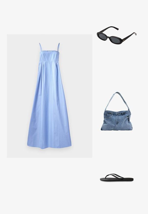 Jasnoniebieska, bezrękawnikowa sukienka maxi z cienkimi ramiączkami, dopasowanym gorsetem, marszczoną talią i zwiewnym dołem. Wykonana z gładkiego materiału, z minimalnymi detalami.; Czarne klapki z teksturowaną gumową podeszwą, dwiema smukłymi paskami oraz subtelnym, wytłoczonym logo na pasku.; Czarne, oversize okulary przeciwsłoneczne z owalnymi soczewkami, gładkim plastikowym mostkiem i złotymi akcentami na zausznikach. Ciemne soczewki zapewniają ochronę przed słońcem.; Denimowa torba na ramię z zakrzywionym paskiem, dwoma przednimi kieszeniami i zapięciem na guziki, wykonana z jasnoniebieskiego materiału z kontrastującymi detalami szycia.