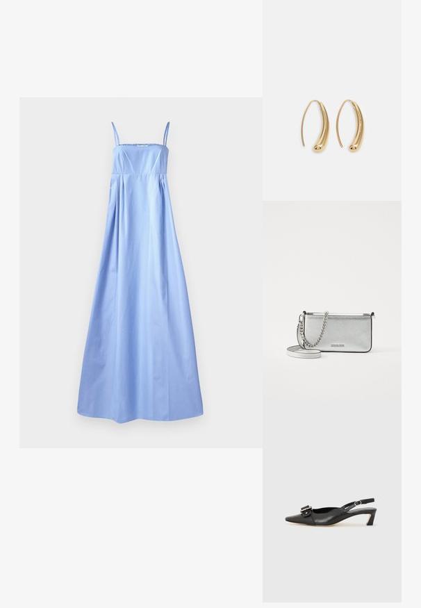 Rochie maxi fără mâneci, de culoare albastră deschisă, cu bretele subțiri, corset ajustat, talie încrețită și fustă fluida. Fabricată dintr-un material neted, cu detalii minime.; Pantofii negri din piele cu toc mic, vârf ascuțit și detaliu decorativ cu cataramă pe partea superioară. Textură netedă, design minimal.; Geantă de umăr din piele argintie cu finisaj texturat, accente de lanț și curea și închidere cu fermoar. Are un logo pe față.; Cercei din metal auriu, cu un design curbat și alungit. Au o suprafață netedă și strălucitoare, cu un vârf rotunjit pentru un detaliu suplimentar.