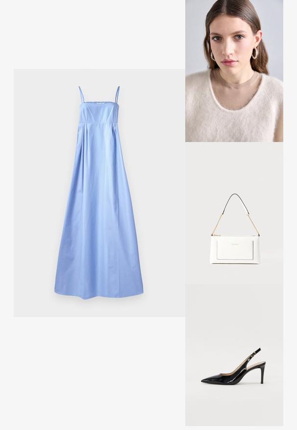 Rochie maxi fără mâneci, de culoare albastră deschisă, cu bretele subțiri, corset ajustat, talie încrețită și fustă fluida. Fabricată dintr-un material neted, cu detalii minime.; Pantofi slingback din piele patent neagră, cu vârful ascuțit, tocul subțire și un design discret cu decupaj. Se evidențiază printr-un cataramă aurie pe curea.; Geantă de mână din piele albă cu un finisaj texturat, având o curea din lanț aurie și accente negre. Include un buzunar frontal și închidere cu fermoar.; Pulover tricotat de culoare bej deschis, cu o textură pufoasă și un decolteu larg, purtat peste o cămașă maro strânsă. Modelul poartă cercei rotunzi din argint.
