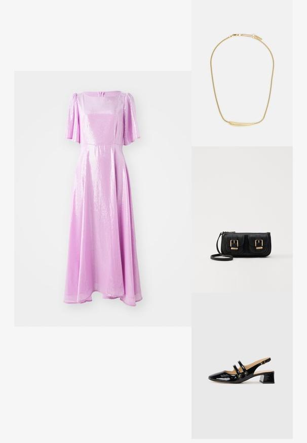 Long pink dress made of shiny sequined fabric, features short puff sleeves and a fitted bodice, flowing into a flared skirt.; Black patent leather slingback shoe with pointed toe, two strap detail, gold circular accents, and a low block heel.; Black leather crossbody bag with two front pockets, gold buckles, zipper closure, and a slim strap. Textured surface and compact rectangular shape.; Gold-plated necklace with a smooth, curved central accent. Features a flexible chain with a lobster clasp and additional adjustable chain links.
