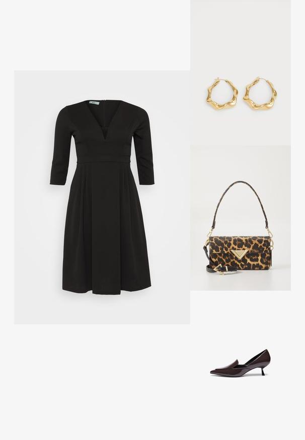 Abito nero realizzato in tessuto liscio, con scollatura a V profonda, maniche a tre quarti e una gonna plissettata con zip sul retro.; Décolleté a punta in pelle verniciata marrone scuro con tacco stiletto basso e silhouette slanciata, caratterizzate da un vamp leggermente rialzato.; Borsa a tracolla con stampa leopardata in ecopelle testurizzata, dotata di un accentuato triangolare in tonalità oro e una tracolla removibile.; Orecchini a cerchio in oro con un design ondulato e testurizzato. Presentano una chiusura a filo sottile e una superficie lucida e riflettente.