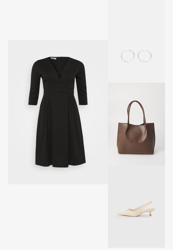 Vestido negro de tejido suave, con un escote en V profundo, mangas de tres cuartos y una falda plisada con cremallera en la parte trasera.; Zapatos slingback de punta fina en cuero blanco roto, con un pequeño detalle de lazo y un tacón kitten bajo. Textura suave, diseño minimalista.; Bolso tote de cuero marrón con dos asas largas, forma estructurada, textura suave y diseño minimalista. Sin herrajes o acentos visibles.; Pendientes aros de plata con un diseño redondo y elegante, que presentan una superficie lisa y sin adornos visibles. Diámetro no especificado.