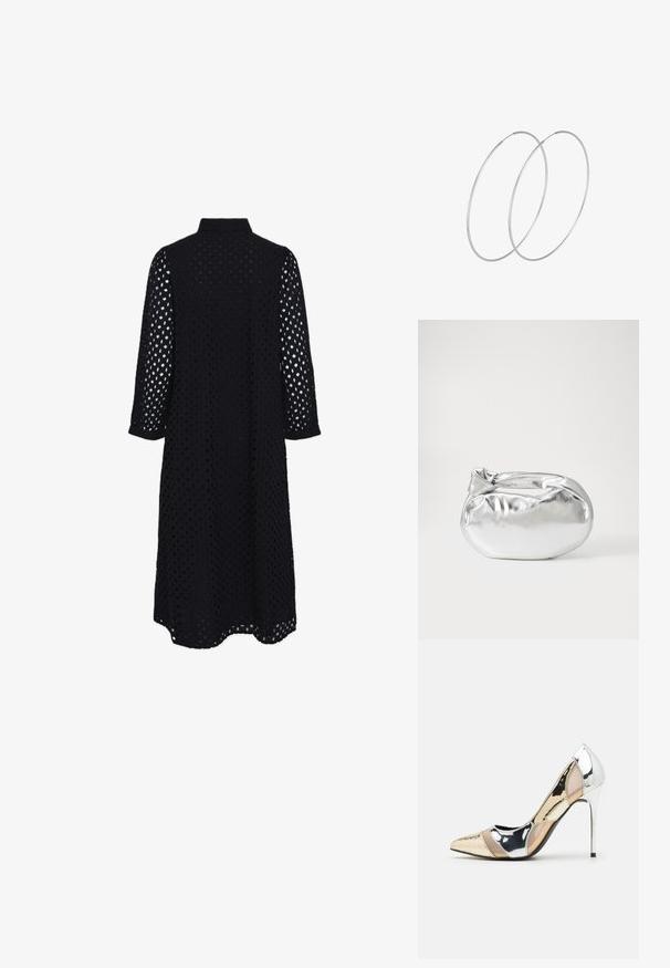 Črna obleka s kragnjo, tri četrtinske rokavi in teksturiranim odprtim vzorcem v obliki diamantov. Segajoča do dolžine sredine meč.; Čevlji z visoko peto in konico, v barvni kombinaciji srebrne, zlate in nude. Sijajna obdelava z izrezljanim dizajnom, z igličasto peto.; Srebrna kovinska torbica z mehko, zaobljeno obliko in zavezano zgornjo zaporo. Narejena iz gladkega umetnega usnja.; Srebrne uhane v obliki obroča z minimalističnim dizajnom. Krožna oblika, gladka tekstura in tanek profil. Lahki s poliranim zaključkom.