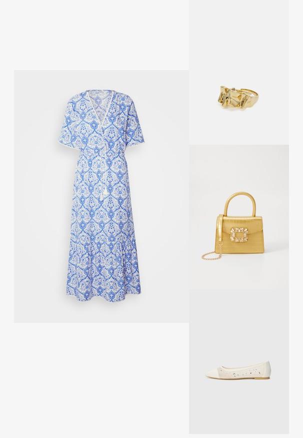 Mėlynos ir baltos raštuotos ilgaplaukių suknelė su trumpomis rankovėmis, V formos iškirpte, virvute juosmeniui ir platėjančiu apvadu. Pagaminta iš lengvos medžiagos.; Kreminės odos balerinos bateliai su skaidriu viršumi, dekoruoti išsibarsčiusiais kristalais. Minkštas padas užtikrina komfortą, minimalistinis dizainas.; Geltonas dirbtinės krokodilo odos rankinukas su standžiu dizainu, viršutine rankena, nuimamu grandininiu dirželiu ir dekoratyviniu krištolo papuošimu ant užsegimo.; Aukso žiedas su tekstūruotu, banguotu dizainu, turintis tris iškilias viršūnes. Lygus, blizgus paviršius su atviromis juostelėmis, leidžiančiomis reguliuoti dydį.