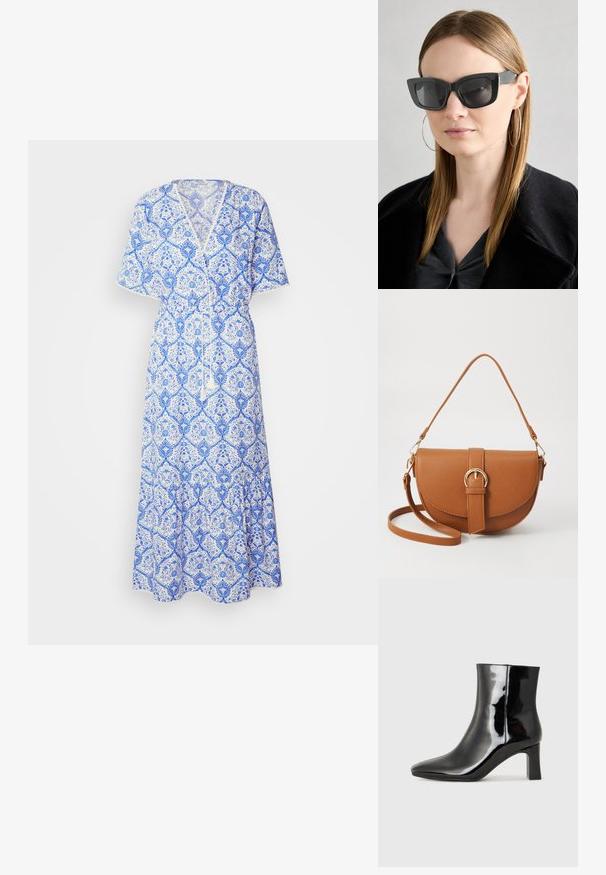 Zila un baltā rakstainā maxi kleita ar īsām piedurknēm, V veida kakla izgriezumu, ar auklu regulējamu jostu un platu apakšmalu. Izgatavota no viegla auduma.; Melnas patentētas ādas potīšu zābaki ar norādītu pirkstu un vidēja augstuma kvadrātveida papēdi. Gluda tekstūra un minimālisma dizains.; Melna kaķa acs saulesbrilles ar tumšiem objektīviem, bieziem rāmjiem un smalkiem akcentiem. Valkātas ar melnu mēteļi un pelēku augšu, ar garām taisnām matiem.; Brūns ādas plecu soma ar izliekta formu, zelta piederumiem un sprādzes akcentu. Iesaiņota ar noņemamu plecu siksnu.