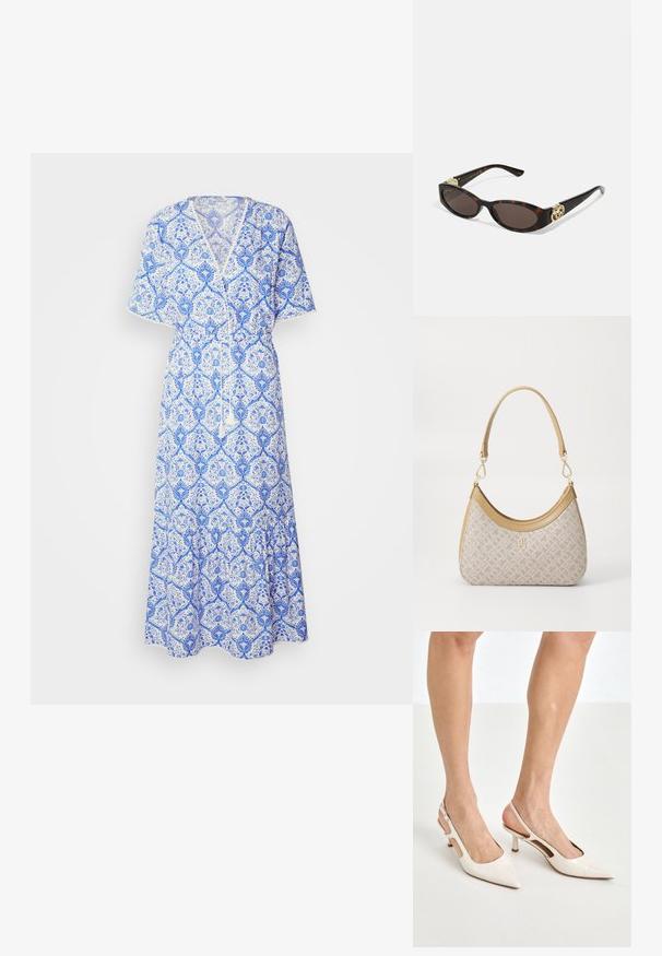 Robe maxi à motifs bleus et blancs avec des manches courtes, décolleté en V, taille à cordon et ourlet évasé. Fabriquée en tissu léger.; Escarpins à talon slingback en cuir verni beige avec un bout pointu et un talon de 5 cm, présentant des côtés découpés et une fine bride à la cheville.; Lunettes de soleil en écaille, avec des verres ovales allongés, teinte marron, accents de logo doré sur les branches et montures noires élégantes.; Sac à main en beige à motif, avec une forme incurvée, des accents en cuir et un logo en ton doré sur le devant. Il dispose d'une poignée courte pour un transport facile.