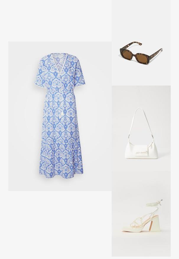 Maxi šaty s modro-bílým vzorem, krátkými rukávy, výstřihem do V, stahovacími šňůrkami v pase a rozšířeným lemem. Vyrobeno z lehkého materiálu.; Bílé sandály na vysokém podpatku s robustním podpatkem, s designem s pásky a zavazováním kolem kotníku. Hladký povrch s platformou vpředu pro zvýšení výšky.; Sluneční brýle ve skořápce želvy s kulatým, širokým rámem a hnědými čočkami. Mají jemné vzory a rovné, zúžené stranice.; Bílá syntetická kabelka v trojúhelníkovém tvaru, s plochým předním klopným víkem a detailem mašle, nastavitelným popruhem, hladkým povrchem a minimalistickým designem.
