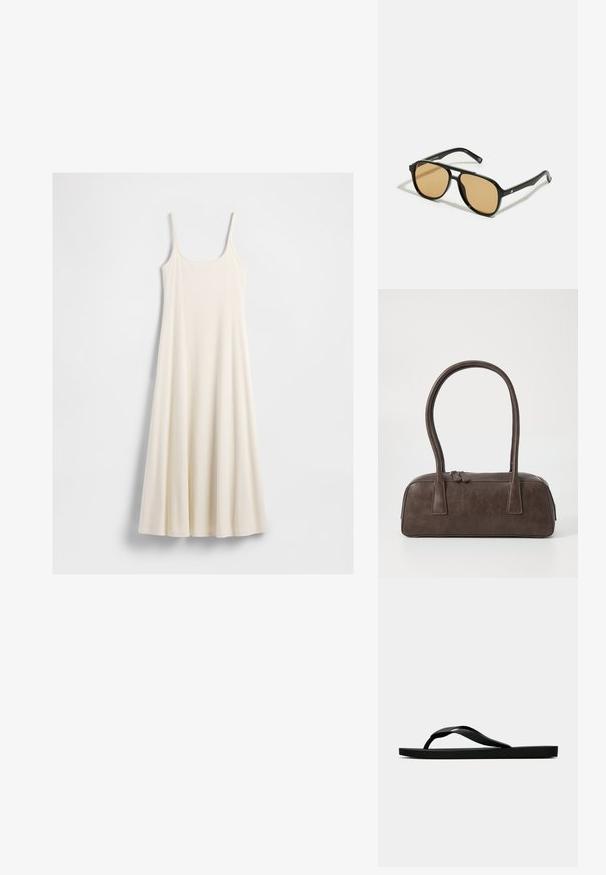 Robe sans manches longue de couleur crème avec de fines bretelles et un ourlet évasé, posée à plat sur un fond blanc.; Tong sandale en caoutchouc noir avec une bride en T texturée et une semelle plate simple, montrée de côté sur un fond clair.; Lunettes de soleil noires avec des verres teintés marron ; forme rectangulaire avec une monture épaisse, incluant des détails discrets en métal sur les branches.; Sac à main en cuir marron avec deux poignées robustes, de forme rectangulaire, texture lisse et fermeture zippée. Design minimaliste sans motifs visibles.