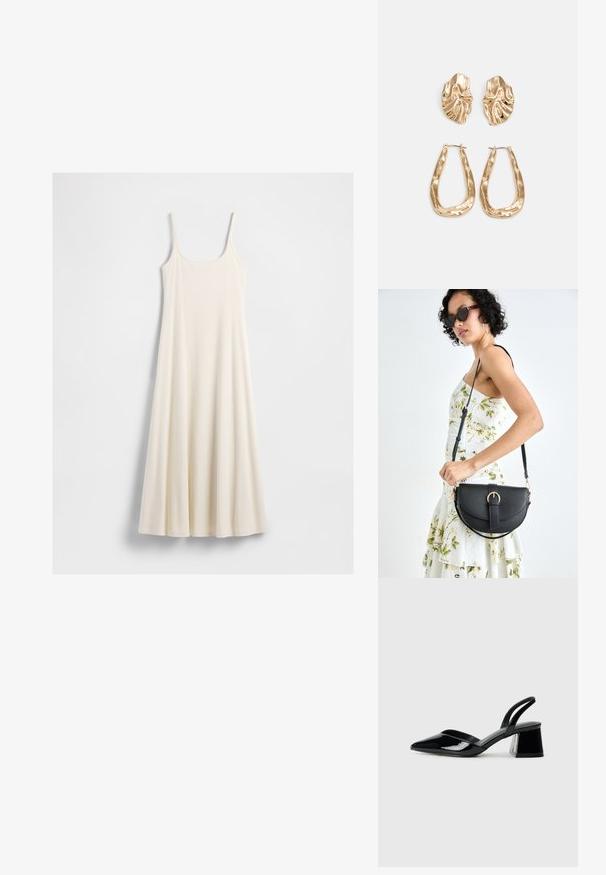 Vestido largo sin mangas de color crema con tirantes finos y dobladillo acampanado, colocado sobre un fondo blanco.; Zapatos de tacón slingback de charol negro con punta afilada y tacón geométrico en bloque. Presentan un diseño elegante y minimalista, así como una textura suave.; Bolso de piel negra con forma curva, correa desmontable y herrajes dorados. El bolso cuenta con una solapa con un detalle de hebilla.; Pendientes en tono dorado que presentan formas texturizadas y onduladas. Incluyen aros de clip esculturales y un diseño de aro abierto con un acabado martillado.