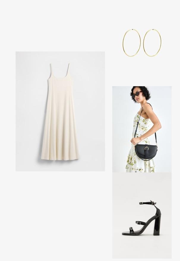 Dolga, krema barve brezrokavna obleka z tankimi naramnicami in razširjenim robom, razporejena na beli podlagi.; Črne lakirane sandale s peto, kvadratnim prstom, trakovi okrog gležnja in srebrnimi zaponkami. Opremljene so s stabilno Debelo peto.; Črna usnjena torbica s ukrivljeno obliko, z odstranljivo naramnico in zlatimi dodatki. Torbica ima pokrov s podrobnostmi v obliki zaponke.; Zlate obroče za ušesa z gladkim, zaobljenim dizajnom. Tanki in lahki, z neprekinjenim krogom brez okrasnih elementov.