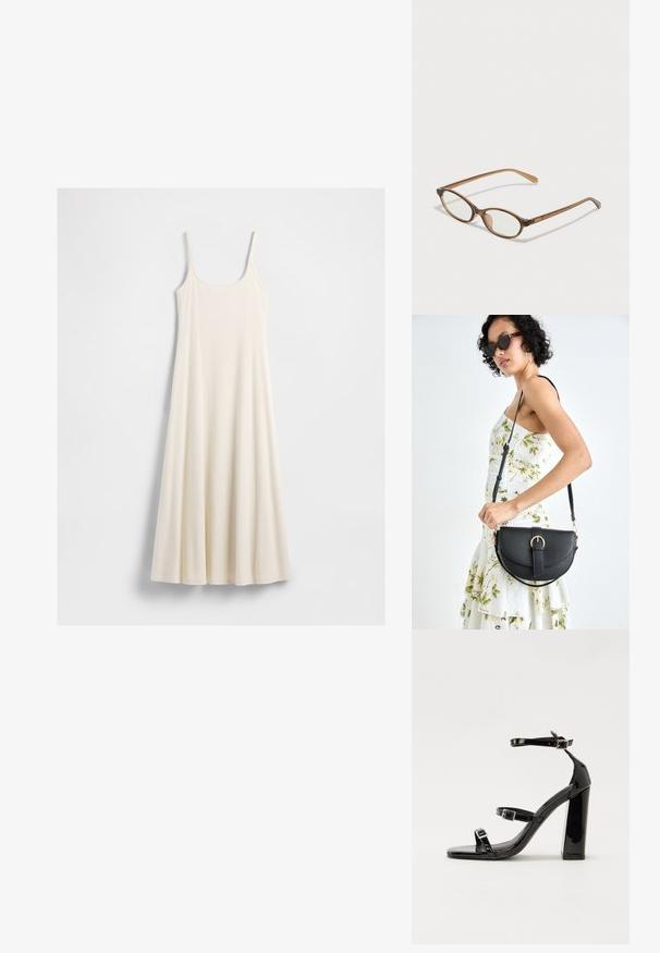 Dlouhé krémové šaty bez rukávů s tenkými ramínky a rozšířeným lemem, položené na bílé pozadí.; Černé lakované sandály na podpatku se čtveratou špičkou, lýtkovými pásky a stříbrnými přezkami. Disponují masivním blokovým podpatkem pro stabilitu.; Hnědé želvovinové brýle s oválnými skly, tenkými bočními nohami a průhlednými akcenty. Obsahují decentní logo na stranu. Elegantní, lehký design.; Černá kožená kabelka s křivkovým tvarem, odnímatelným popruhem a zlatými detaily. Kabelka má klopu s přezkou.