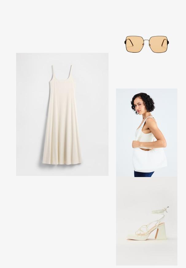 Langes, cremefarbenes, ärmelloses Kleid mit dünnen Trägern und einem ausgestellten Saum, flach auf einem weißen Hintergrund ausgelegt.; Weiße High-Heel-Sandale mit einem klobigen Absatz, die über ein Riemchendesign und ein Knöchelband verfügt. Glatte Textur mit einer Plattform vorne für zusätzliche Höhe.; Quadratische Sonnenbrillen mit braunen Gläsern und einem dünnen schwarzen Metallrahmen. Verfügt über schräg gestaltete Bügel und verstellbare Nasenpads für zusätzlichen Komfort.; Weißer Schultertasche aus glattem Material mit ovalem Ausschnitt und breitem Tragegurt. Einfach und modern, ohne sichtbare Hardware.