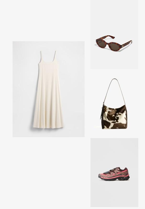 Hosszú, krémszínű, ujjatlan ruha vékony pántokkal és bővített szegéllyel, egy fehér háttérre fektetve.; Trélifutó cipő, amelynek árnyalatai barna és rózsaszín között váltakoznak, texturált felsőrésze, fekete talpa és egyedi fűzési rendszere van.; Fekete-arany teknősbéka napszemüveg kerek kerettel, sötét lencsékkel és arany logóval a szárakon. Sima műanyag anyag, nincs látható minta.; Barna és krémszínű tehénbőr válltáska sima bőrszíjjal, cipzáras záródással és puha, texturált felülettel, amely természetes mintázattal rendelkezik.