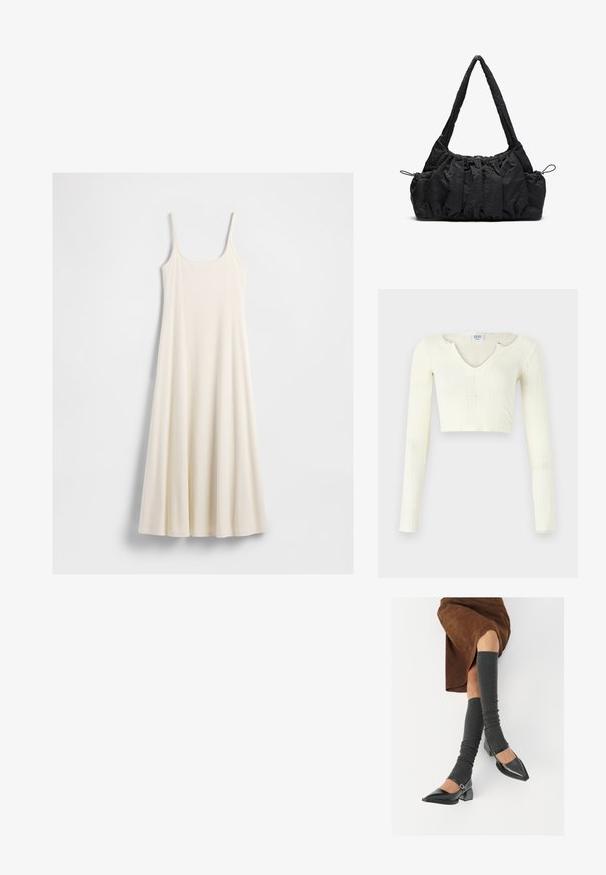 Long, cream-colored sleeveless dress with thin straps and a flared hem, laid flat against a white background.; Crop top in off-white knit material. Long sleeves with ribbed texture and small cut-out details around the neckline.; Black patent leather pointed-toe shoes with a block heel and ankle strap, paired with gray ribbed leg warmers and a brown suede skirt.; Black fabric handbag with gathered texture, two shoulder straps, and drawstring closure on sides. Smooth, lightweight material.