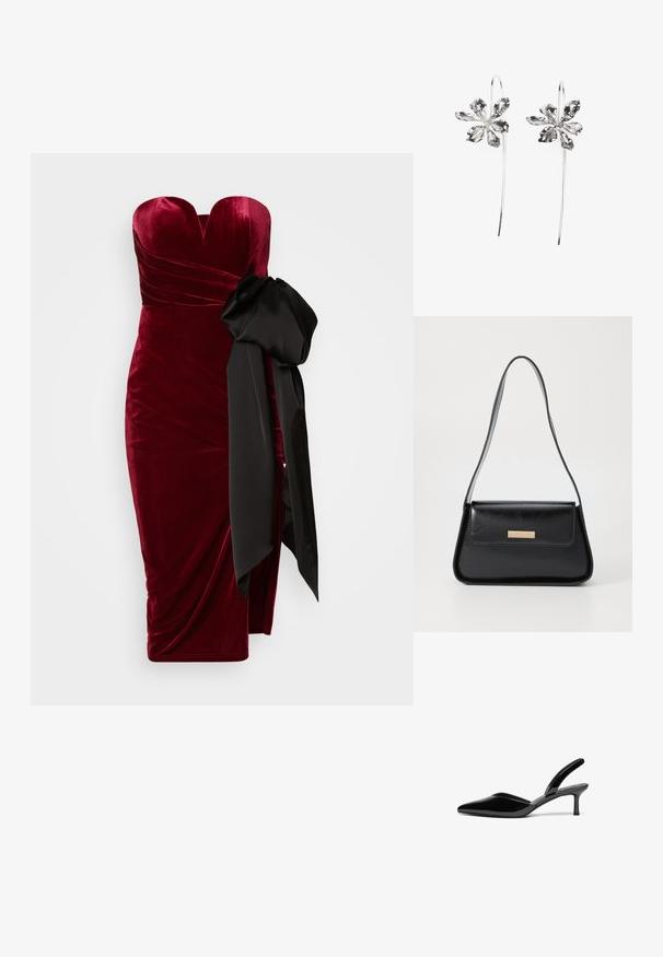 Abito in velluto bordeaux con scollatura a cuore, design drappeggiato e un grande fiocco in satin nero sul lato. Lunghezza midi con una forma aderente.; Décolleté in vernice nera con punta affusolata, tacco a stiletto basso e un design elegante e semplice senza decorazioni.; Borsa a mano in pelle nera con una forma triangolare strutturata, fasciatura sottile e finiture dorate con una placca con logo sul flap anteriore.; Orecchini argento a forma di fiore con una finitura testurizzata, caratterizzati da ganci lunghi e dettagli a petalo per un design intricato.