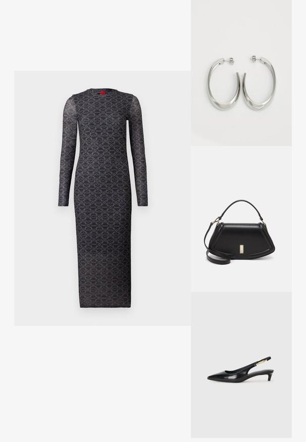 Schwarzes Langarmkleid mit geometrischem grauem Muster, aus einem glatten Stoff gefertigt. Es verfügt über einen runden Ausschnitt und eine figurbetonte Silhouette.; Schwarze Leder-Slingback-Pumps mit spitzem Schuhblatt, ausgestattet mit einem schlanken Absatz und einem goldfarbigen Akzent am verstellbaren Riemen. Glatte Textur.; Schwarze Lederhandtasche mit einem strukturierten Design, das eine verkürzte Form, einen oberen Griff und goldfarbene Hardware-Details aufweist. Verstellbarer Schulterriemen ist enthalten.; Silberne Creolen mit einem glatten, geschwungenen Design. Mit einem glänzenden metallischen Finish und Steckverschluss. Keine sichtbaren Muster oder Akzente.