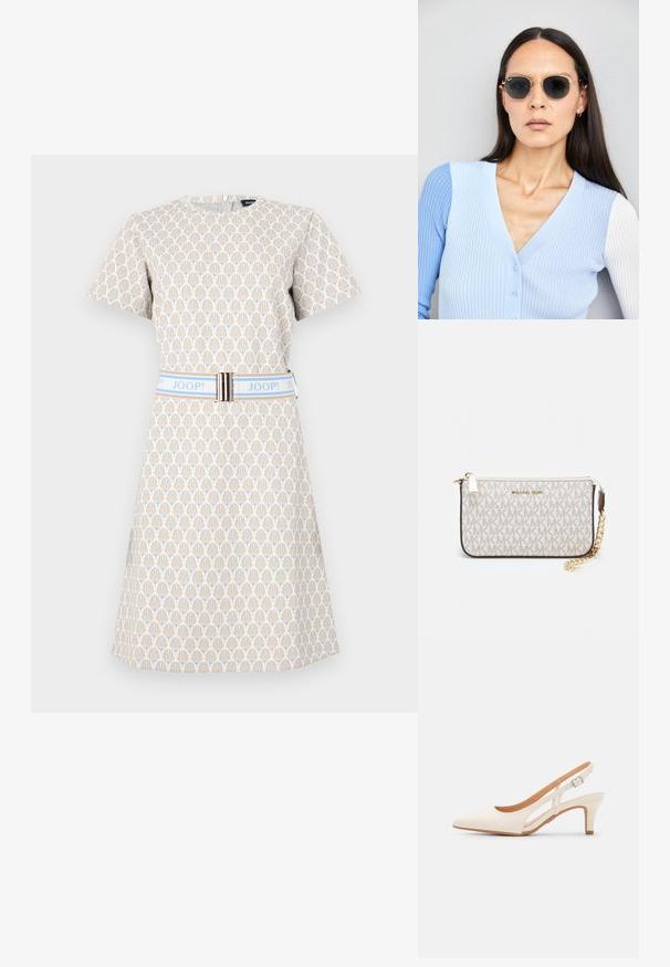 Kurzarmkleid in Creme mit einem geometrischen Muster in Blau und Braun. Es verfügt über einen blauen Gürtel mit silbernem Akzent und einen runden Halsausschnitt.; Weiße Slingback-Absätze mit spitzer Zehenpartie, glattem Obermaterial, niedrigem Blockabsatz und seitlichem Ausschnitt-Design mit verstellbarem Schnallenriemen.; Runde Sonnenbrillen mit dunklen Gläsern und goldenen Rahmen. Das Modell trägt eine hellblaue, gerippte Strickjacke mit Knöpfen und weißen Kontrastärmeln.; Michael Kors Clutch in beige beschichtetem Canvas mit einem wiederholten MK-Logo-Muster, goldfarbener hardware und einem abnehmbaren Kettenriemen.