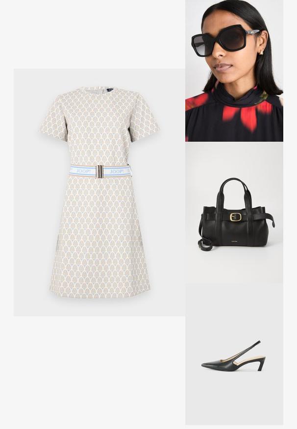 Kortermet kjole i kremfarge med et geometrisk blått og brunt mønster. Har et blått belte med sølvdetalj og rund halsutskjæring.; Svart spiss tå slingback-sko med lav hæl, laget av jevnt skinnmateriale og med utskåret design på siden for pusteevne.; Svart oversized solbriller med geometrisk innfatning, mørkt tonede linser og hardware i gulltone, iført med en blomstermønstret topp med høy krage.; Svart lærveske med en strukturert design, doble topphåndtak, gullfarget spenneakent og preget merke-logo foran.