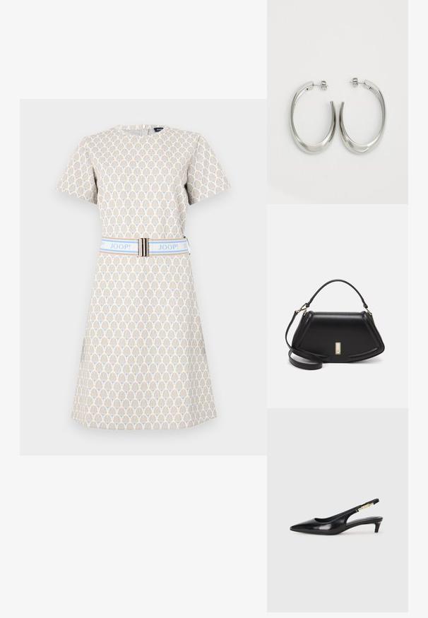 Short-sleeve dress in cream with a geometric blue and brown pattern. Features a blue belt with a silver accent and a round neckline.; Black leather slingback heels with a pointed toe, featuring a slim heel and a gold-tone accent on the adjustable strap. Smooth texture.; Black leather handbag with a structured design, featuring a cropped shape, top handle, and gold hardware accent. Adjustable shoulder strap included.; Silver hoop earrings with a smooth, curved design. Features a shiny metallic finish and stud closure. No visible patterns or accents.