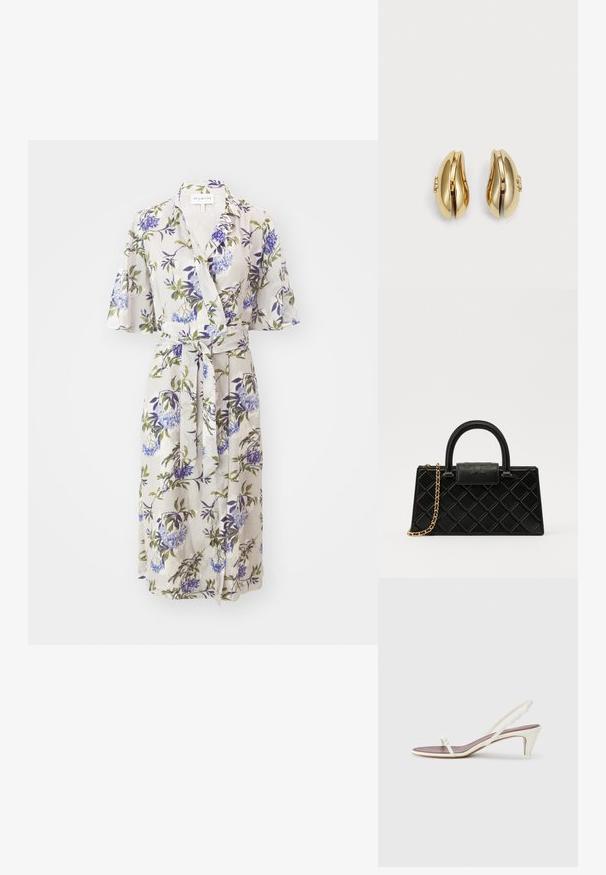 Ziedu apģērbs no viegla audi, ar īsām zvana piedurknēm, saišu jostu un purpura un zaļiem ziedu rakstiem uz gaiša fona.; Baltas siksnas sandales ar nelielu papēdi, plānām siksniņām un gludu ādas tekstūru; ar nelielu dekoratīvu sprādzi.; Melnā rokassomiņa, kas izgatavota no teksturētas ādas, ar dimanta rakstu, zelta toņa ķēdes siksnu un augšējo rokturi ar logo reljefā slēgšanu.; Zelta tonis auskari ar plūstošu, izliekta dizaina formu. Katrs auskar ir ar gludu virsmu un nelielu aizdari ar dekoratīvu detaļu.