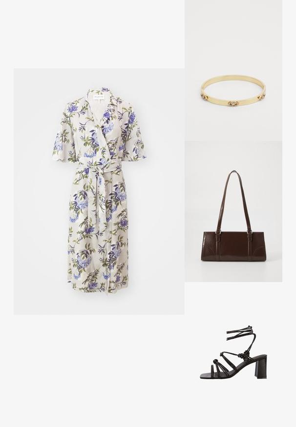 Abito avvolgente floreale in tessuto leggero, con maniche a campana corte, vita con lacci e motivi floreali viola e verdi su uno sfondo chiaro.; Sandali neri con tacco alto, caratterizzati da cinturini intrecciati, un tacco quadrato spesso e una punta quadrata piatta. Realizzati in pelle liscia con una finitura testurizzata.; Borsa in pelle verniciata marrone di forma rettangolare, con due manici lunghi e sottili accenti curvi sul davanti.; Bracciale rigido in oro dal design elegante, con tre decorazioni accentuate da gemme brillanti su entrambi i lati. Texture liscia.