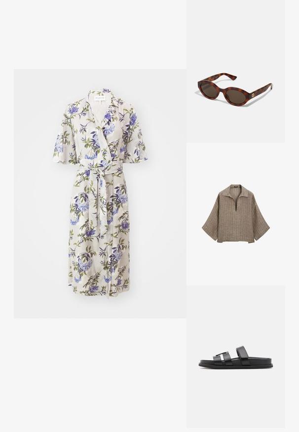 Blumenkleid aus leichtem Stoff mit kurzen Glockenärmeln, Bindeband in der Taille und lila-grünen Blumendrucken auf hellem Hintergrund.; Braune Leinenbluse mit Kragen, tiefem V-Ausschnitt und breiten Glockenärmel. Sie hat vertikale weiße Streifen und eine entspannte, kastige Form.; Schwarze Sandalen mit breiten Riemen und minimalistischer Design. Hergestellt aus glattem synthetischem Material mit flacher Sohle.; Schildpatt-Sonnenbrillen mit runden Rahmen, dunklen Gläsern und goldfarbener Logodetailierung an den Schläfen. Glattes Kunststoffmaterial, keine sichtbaren Muster.