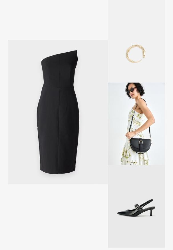 Črna telo prilegajoča obleka z eno ramensko zasnovo. Narejena iz gladkega materiala, z oblikovanim korzetom in krilom do kolen. Brez vidnih zaponk.; Črne patent usnjene slingback pete s koničastim nosom in majhnim blok peto, ki vključujejo srebrno zaponko na traku.; Črna usnjena torbica s ukrivljeno obliko, z odstranljivo naramnico in zlatimi dodatki. Torbica ima pokrov s podrobnostmi v obliki zaponke.; Zlati prstan s organskim, zvitim dizajnom, gladko površino in taperiranimi konci, ki ustvarja modernega, skulpturalnega videza.