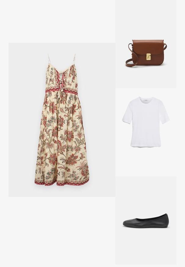 Krémové sluneční šaty s květinovým potiskem a červenými a zelenými akcenty. Mají tenké ramínka, přední zavazování a rozšířenou sukni s propracovanými detaily.; Bílá tričko s krátkým rukávem vyrobené z žebrované tkaniny. Kulatý výstřih, normální střih a jemné detaily šití. Bez vzorů nebo grafik.; Černé kožené baletní byty s kulatou špičkou, hladkou texturou, minimálními švy a flexibilním designem podrážky.; Hnědá kožená kabelka s klopou, zlatými kovovými detaily, ramenním popruhem a hladkým povrchem. Kompaktní obdélníkový tvar.