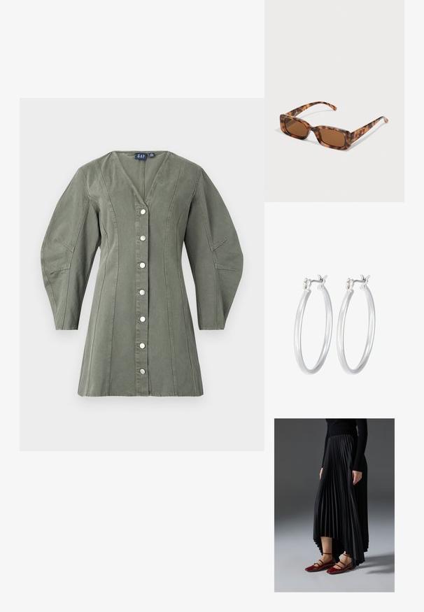 Oliivroheline kleit, mis on valmistatud kangast, millel on V-kaelus, nööpidega esiosa ja puhvärvipikad varrukad. Omab nähtavat õmblust ja kohandatud istuvust.; Mustmust seelik kõrgema ees- ja madalama taga servaga, kombineeritud läikivate punaste sussidega, millel on rihma kujundus. Kangas on sileda tekstuuriga.; Kilpkonna kestaga prillid, millel on ristkülikukujulised pruuni värvi objektiivid, paks raam ja peened käed, millel on erinevate pruunide toonide muster.; Hõbedased rõngaskõrvarõngad, millel on sile, läikiv viimistlus. Ümmargune kuju ja turvaline klõpsulatus. Kerge disain, sobib igapäevaseks kandmiseks.