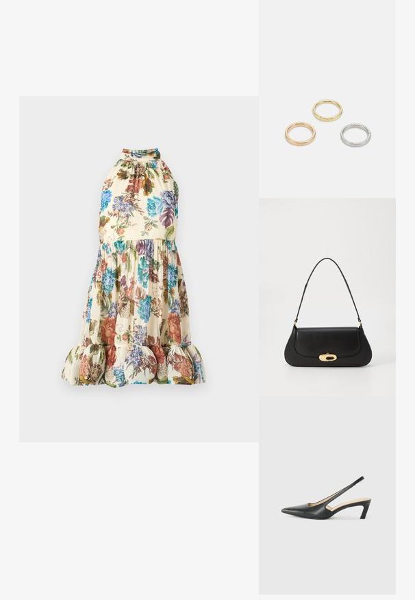 Rochie florală cu un fundal crem și modele florale colorate. Design cu gât halter, talie strânsă și margine volan.; Pantof cu toc mic, cu vârf ascuțit și slingback, realizat din piele netedă, având un design decupat pe lateral pentru respirabilitate.; Geantă de mână din piele neagră, cu un design curbat, accesorii de culoare aurie și un mâner de sus. Dispune de o închidere elegantă și o textură netedă.; Trei inele din metal: unul roz aurie, unul auriu cu accente texturate și unul argintiu, toate cu branding gravat pe banda interioară.