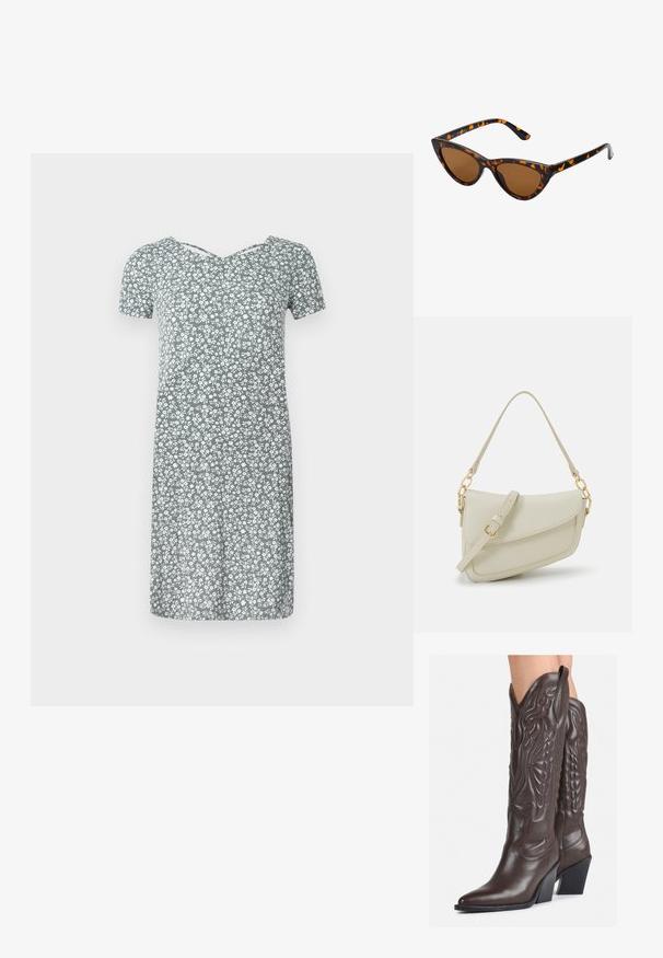 Kratka obleka s kratkimi rokavi iz svetlo zelene tkanine z belim cvetličnim vzorcem, z V-izrezom in sproščenim krojem, dolžine do kolen.; Rjave usnjene kavbojske čevlje z ostrim nosom in blok peto, ki vsebujejo podrobno šivanje in dvignjene dodatke na zgornjem delu.; Mačje oči sončna očala z okvirom v črno-oranžni želvej ohišji, rjavimi lečami in elegantnimi, ostrimi konicami. Imajo minimalistični logo na ročaju.; Mala kremna torbica z teksturiranim zaključkom, dolgim nastavljivim trakom, verižnim poudarkom in zapiranjem na poklop. Detajli iz zlatega kovinskega materiala.
