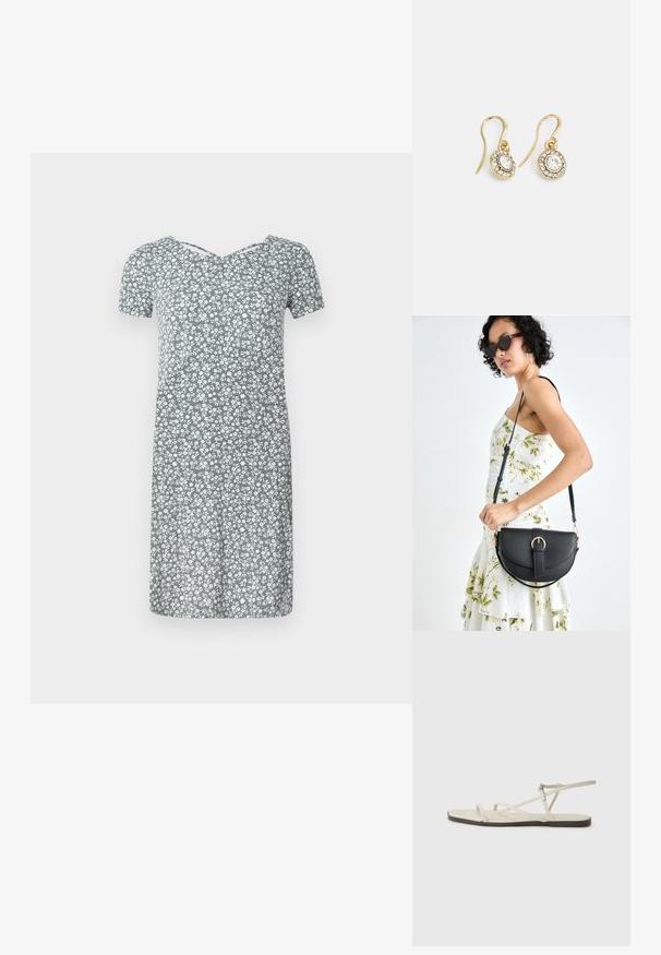Sukienka z krótkim rękawem w jasn zielonym kolorze z białym kwiatowym nadrukiem, z dekoltem w kształcie litery V i luźnym krojem, sięgająca do kolan.; Beżowe płaskie sandały z wieloma cienkimi paskami i regulowanym zapięciem. Podeszwa jest płaska z delikatnym ciemnym kontrastem na krawędzi.; Czarna skórzana torebka o zakrzywionym kształcie, z odpinanym paskiem i złotymi akcentami. Torebka posiada klapę z zapięciem w kształcie klamry.; Złote kolczyki z owalnymi przezroczystymi kryształami otoczonymi mniejszymi przezroczystymi kamieniami, z zapięciem w formie haka zapewniającym bezpieczne noszenie.